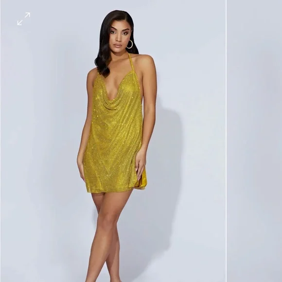 BRAND NEW WITH TAGS - MESHKI: Siya Halter Glomesh Mini Dress - Chartreuse - Picture 6 of 8